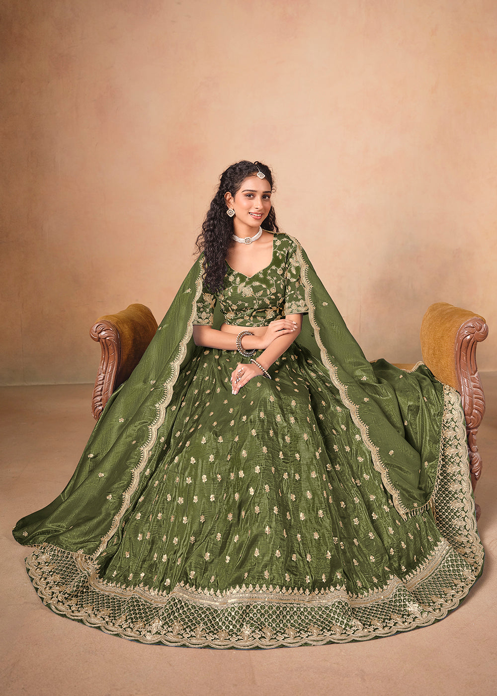 Buy Now Green Organza Crushed Embroidered Lehenga Choli Online in US, UK, Canada, France, Italy, Germany, Austria, Qatar, UAE, Denmark & Worldwide at Empress.