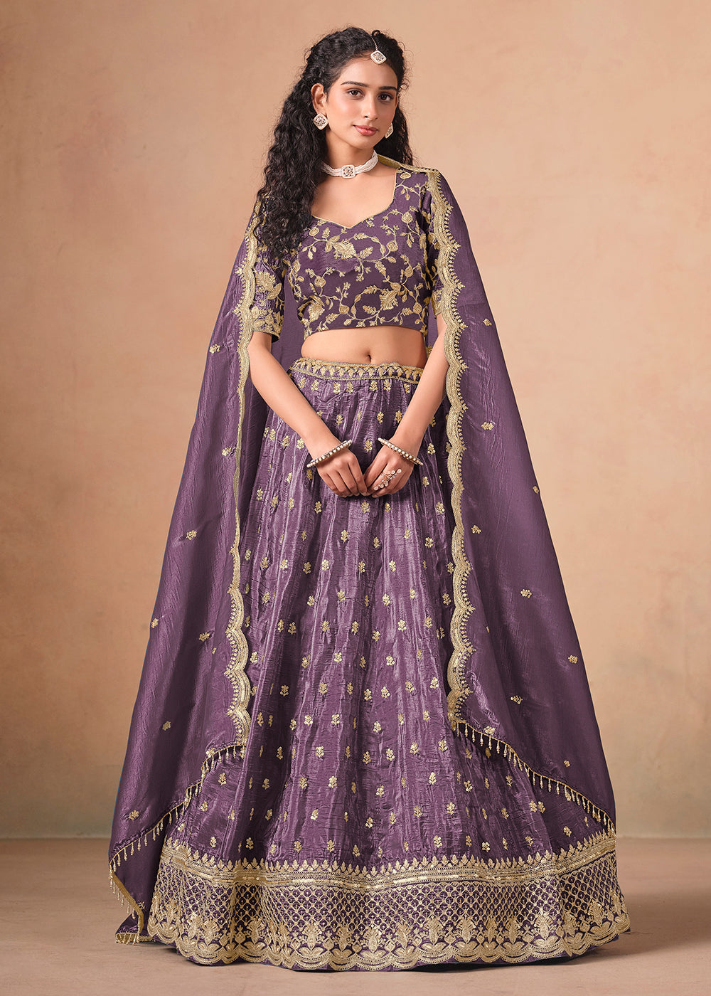 Buy Now Purple Organza Crushed Embroidered Lehenga Choli Online in US, UK, Canada, France, Italy, Germany, Austria, Qatar, UAE, Denmark & Worldwide at Empress.