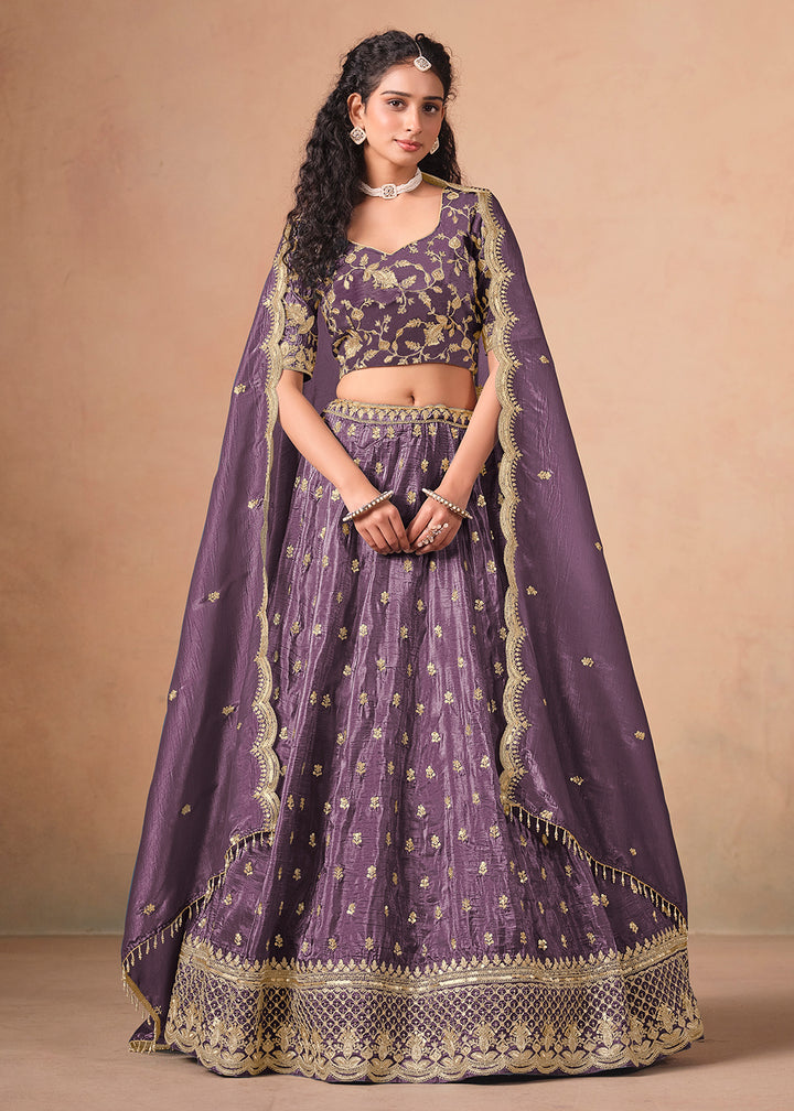 Buy Now Purple Organza Crushed Embroidered Lehenga Choli Online in US, UK, Canada, France, Italy, Germany, Austria, Qatar, UAE, Denmark & Worldwide at Empress.