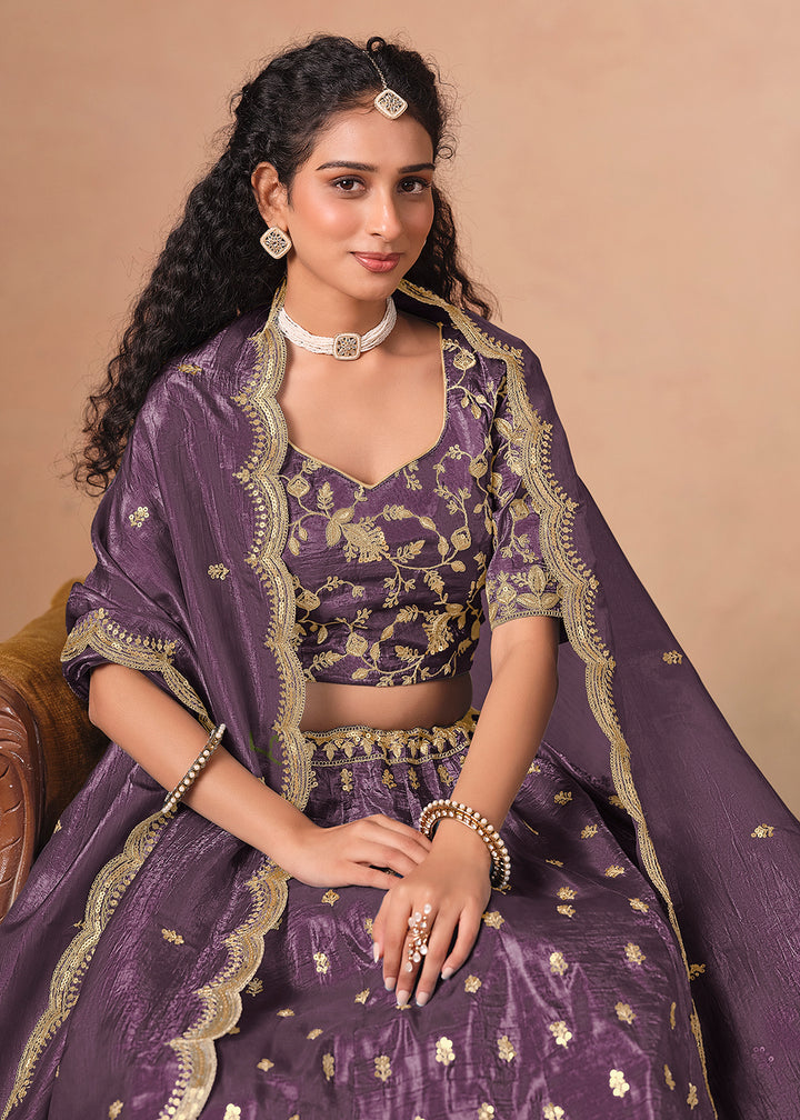 Buy Now Purple Organza Crushed Embroidered Lehenga Choli Online in US, UK, Canada, France, Italy, Germany, Austria, Qatar, UAE, Denmark & Worldwide at Empress.