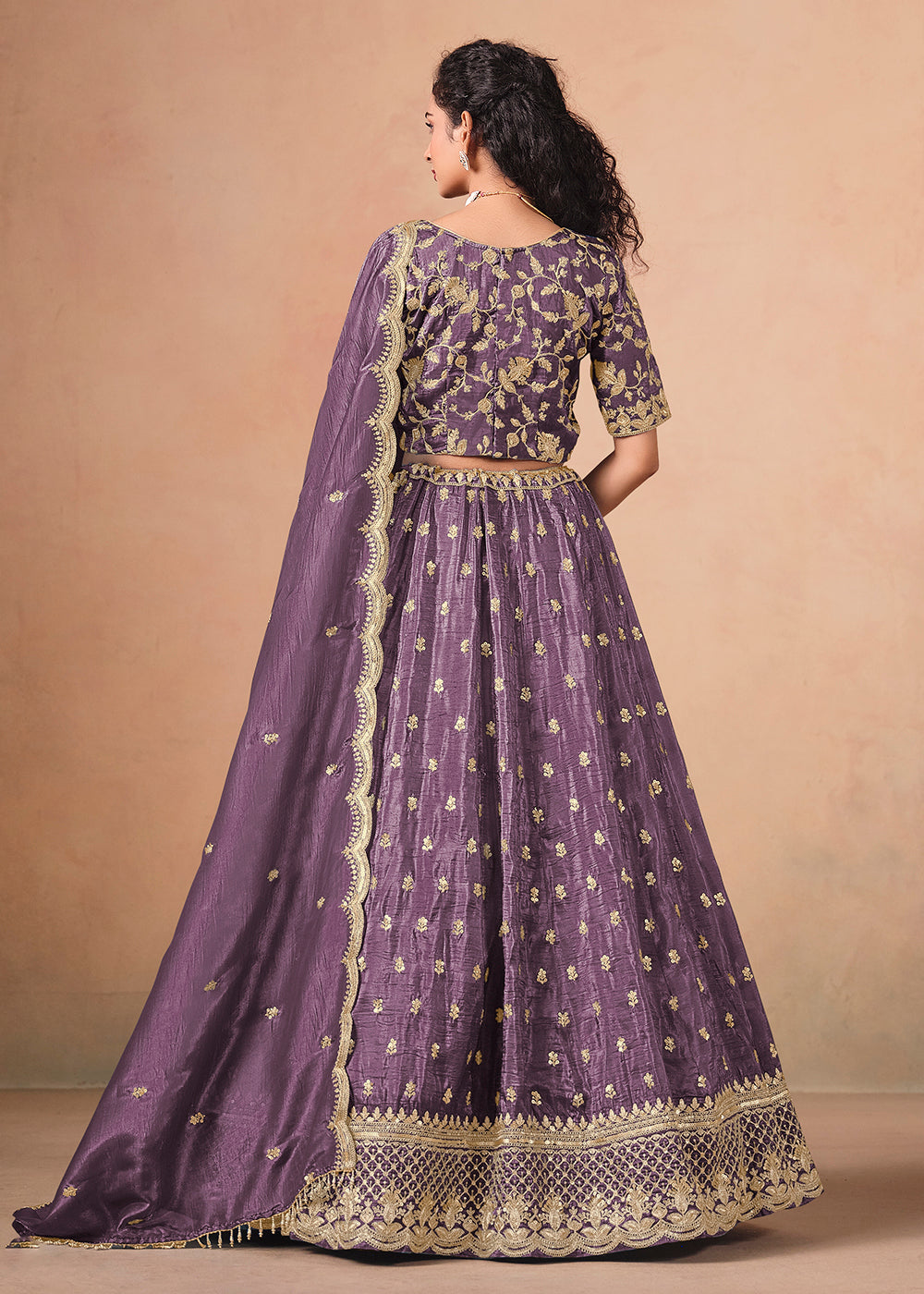 Buy Now Purple Organza Crushed Embroidered Lehenga Choli Online in US, UK, Canada, France, Italy, Germany, Austria, Qatar, UAE, Denmark & Worldwide at Empress.