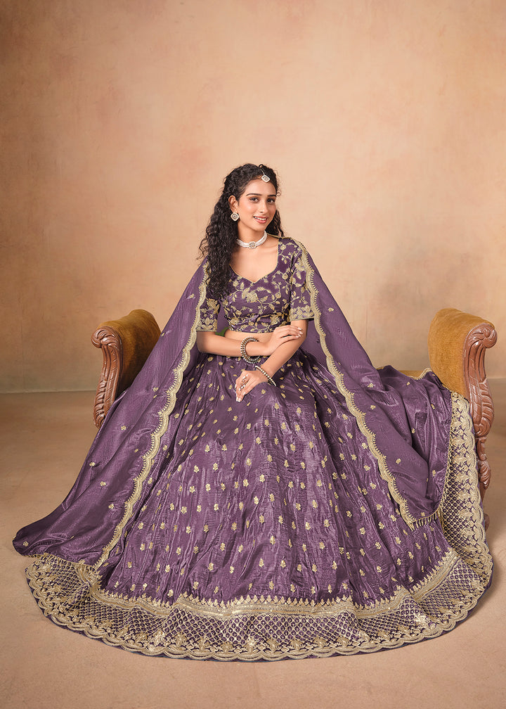 Buy Now Purple Organza Crushed Embroidered Lehenga Choli Online in US, UK, Canada, France, Italy, Germany, Austria, Qatar, UAE, Denmark & Worldwide at Empress.