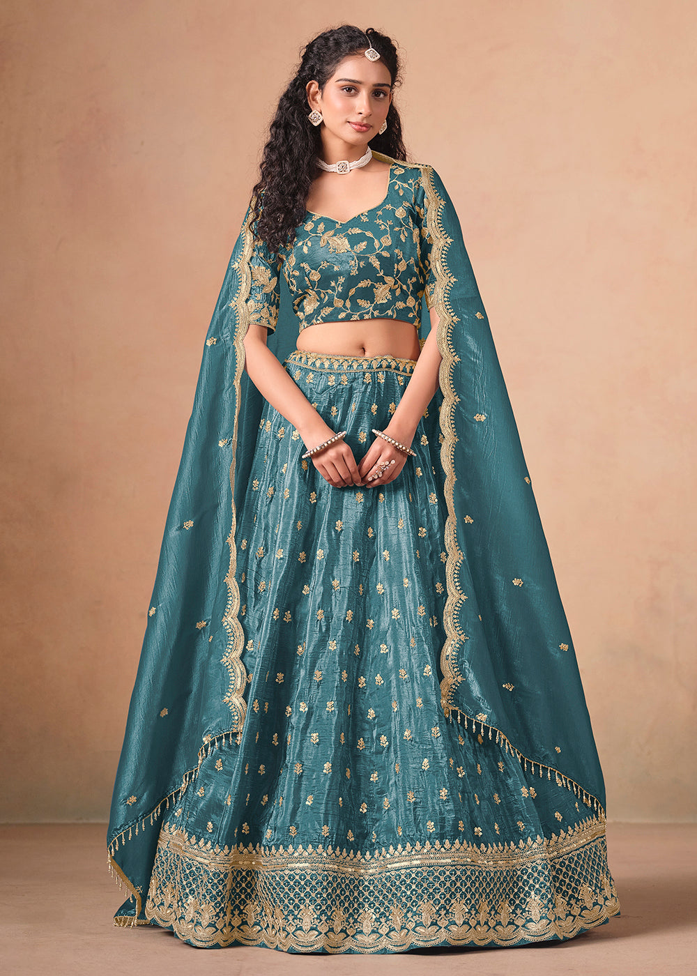 Buy Now Rama Organza Crushed Embroidered Lehenga Choli Online in US, UK, Canada, France, Italy, Germany, Austria, Qatar, UAE, Denmark & Worldwide at Empress.