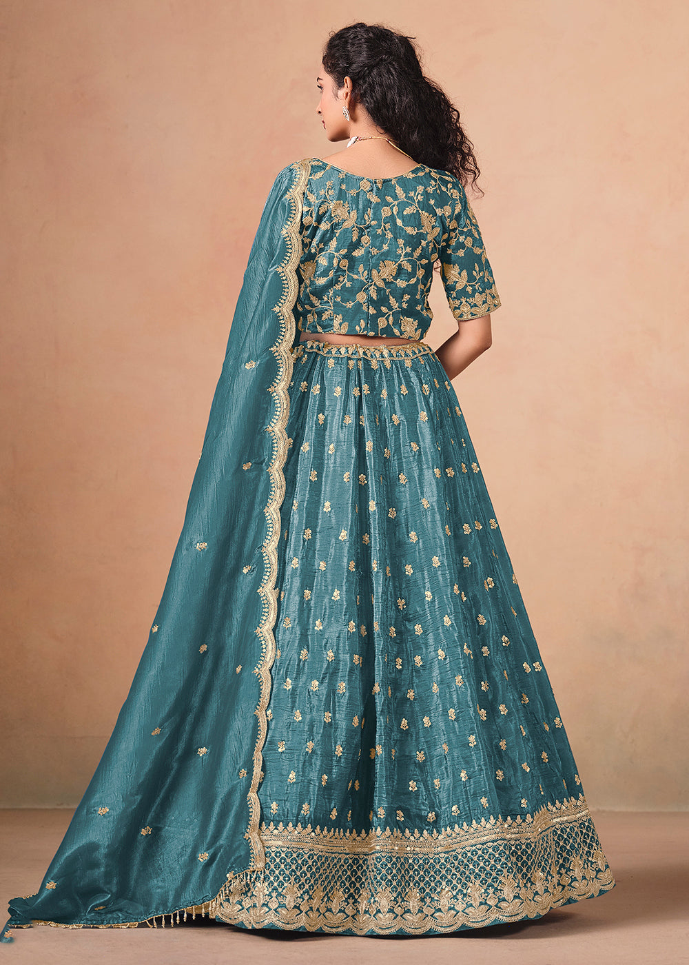 Buy Now Rama Organza Crushed Embroidered Lehenga Choli Online in US, UK, Canada, France, Italy, Germany, Austria, Qatar, UAE, Denmark & Worldwide at Empress.