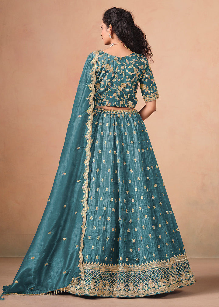Buy Now Rama Organza Crushed Embroidered Lehenga Choli Online in US, UK, Canada, France, Italy, Germany, Austria, Qatar, UAE, Denmark & Worldwide at Empress.