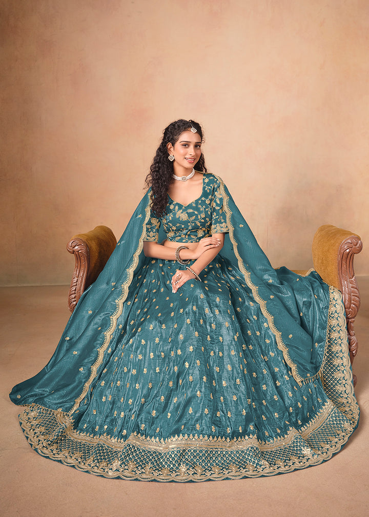 Buy Now Rama Organza Crushed Embroidered Lehenga Choli Online in US, UK, Canada, France, Italy, Germany, Austria, Qatar, UAE, Denmark & Worldwide at Empress.
