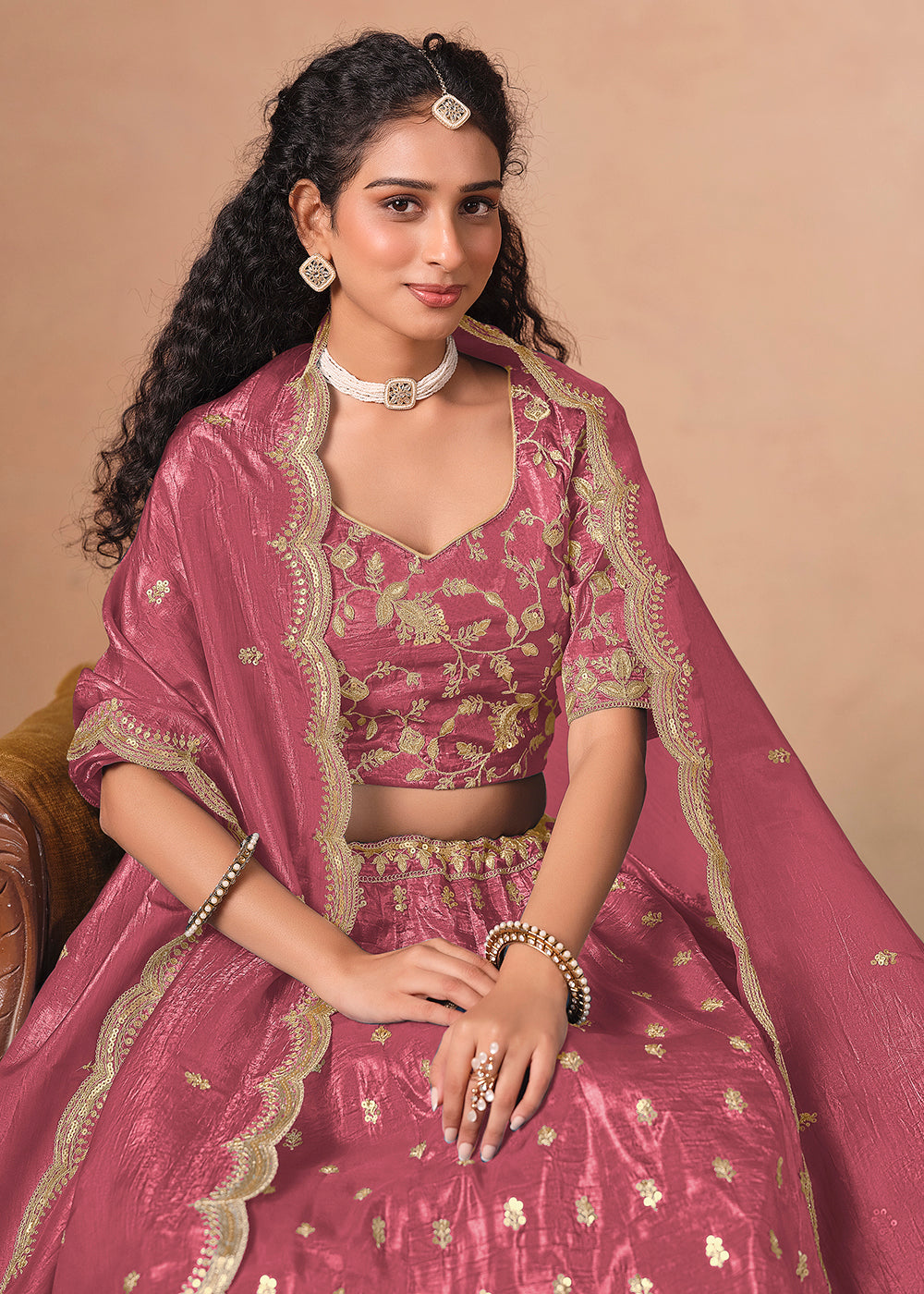 Buy Now Pink Organza Crushed Embroidered Lehenga Choli Online in US, UK, Canada, France, Italy, Germany, Austria, Qatar, UAE, Denmark & Worldwide at Empress.