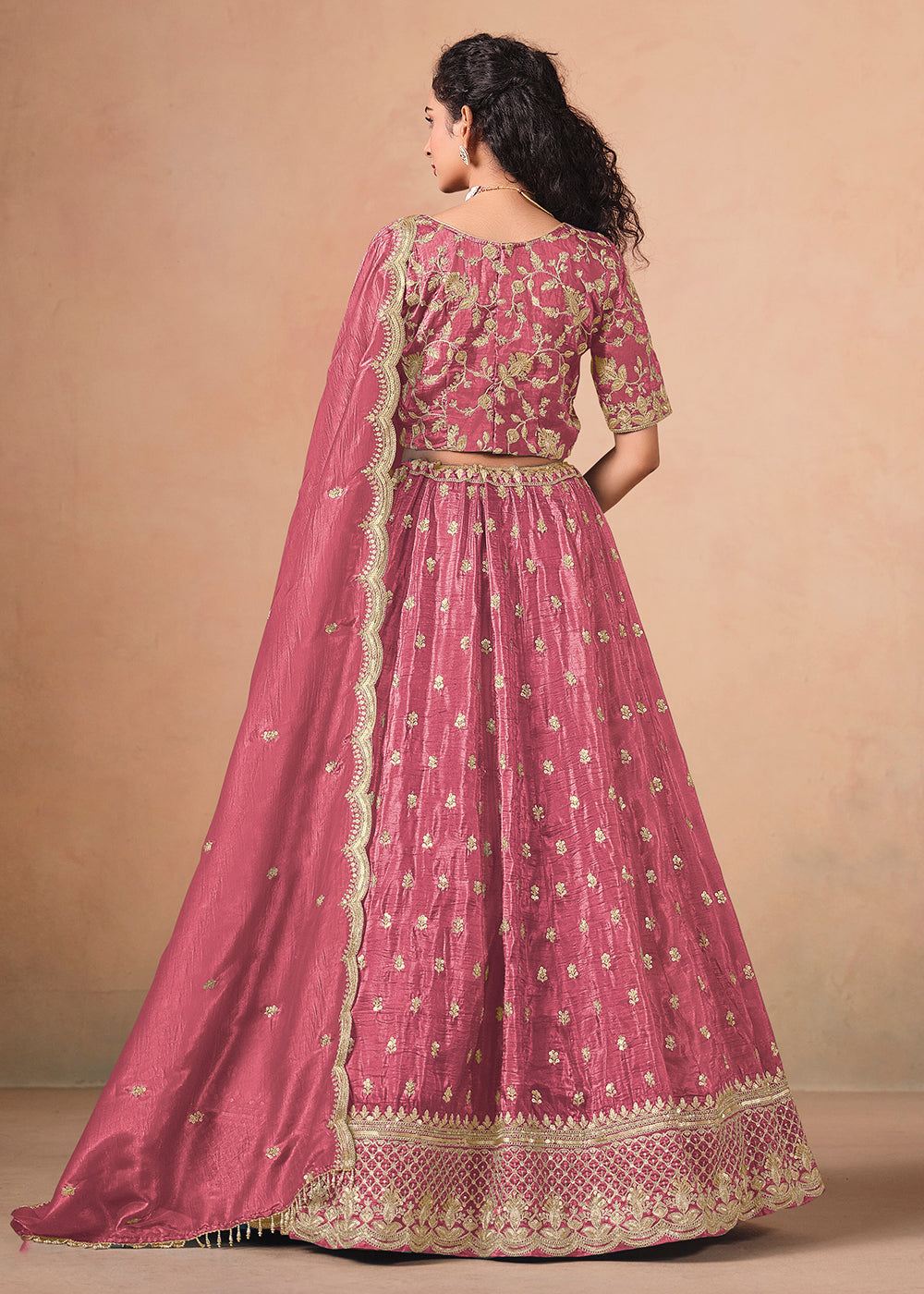 Buy Now Pink Organza Crushed Embroidered Lehenga Choli Online in US, UK, Canada, France, Italy, Germany, Austria, Qatar, UAE, Denmark & Worldwide at Empress.