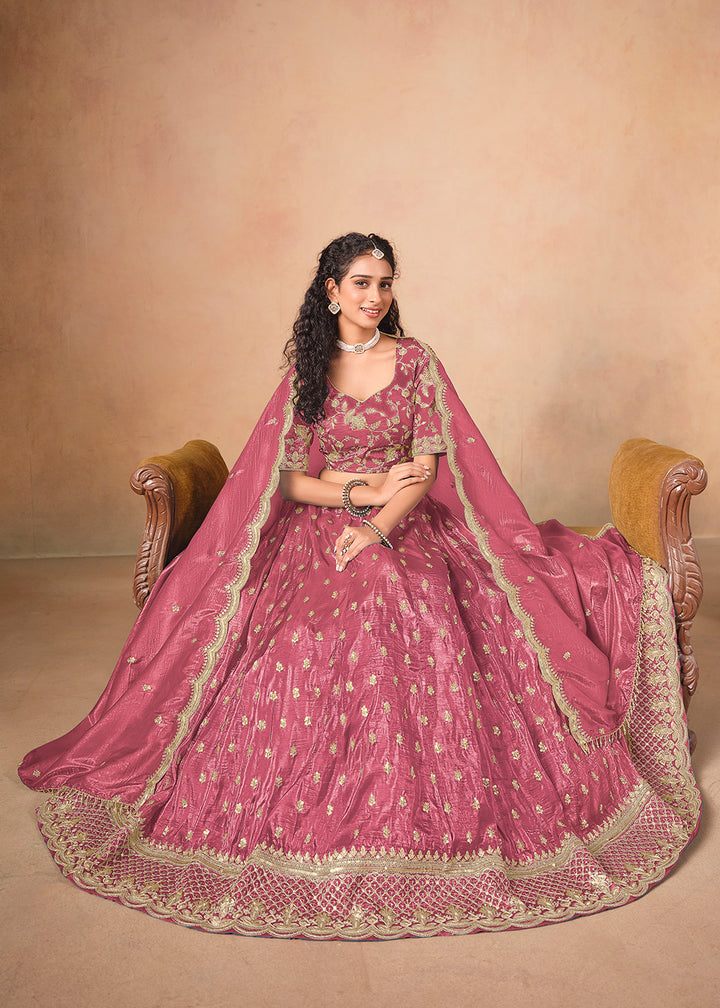 Buy Now Pink Organza Crushed Embroidered Lehenga Choli Online in US, UK, Canada, France, Italy, Germany, Austria, Qatar, UAE, Denmark & Worldwide at Empress.