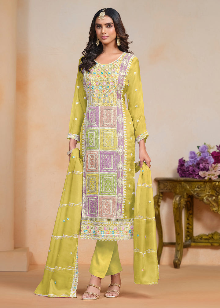 Buy Now Yellow Soft Organza Embroidered Festive Pant Style Suit Online in USA, UK, Canada, Germany & Worldwide at Empress Clothing.