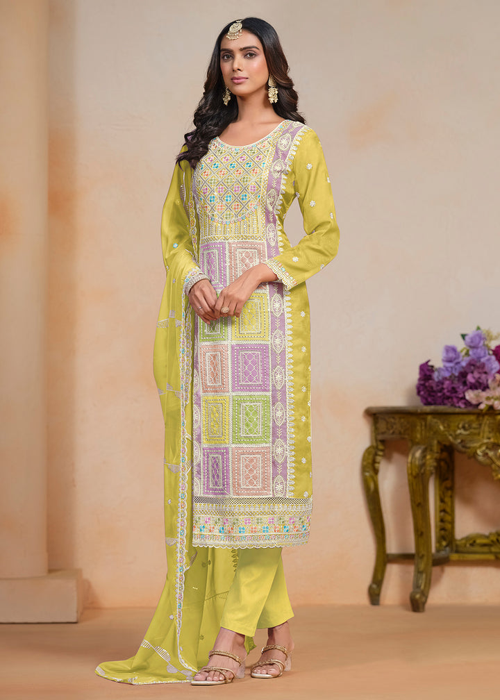 Buy Now Yellow Soft Organza Embroidered Festive Pant Style Suit Online in USA, UK, Canada, Germany & Worldwide at Empress Clothing.