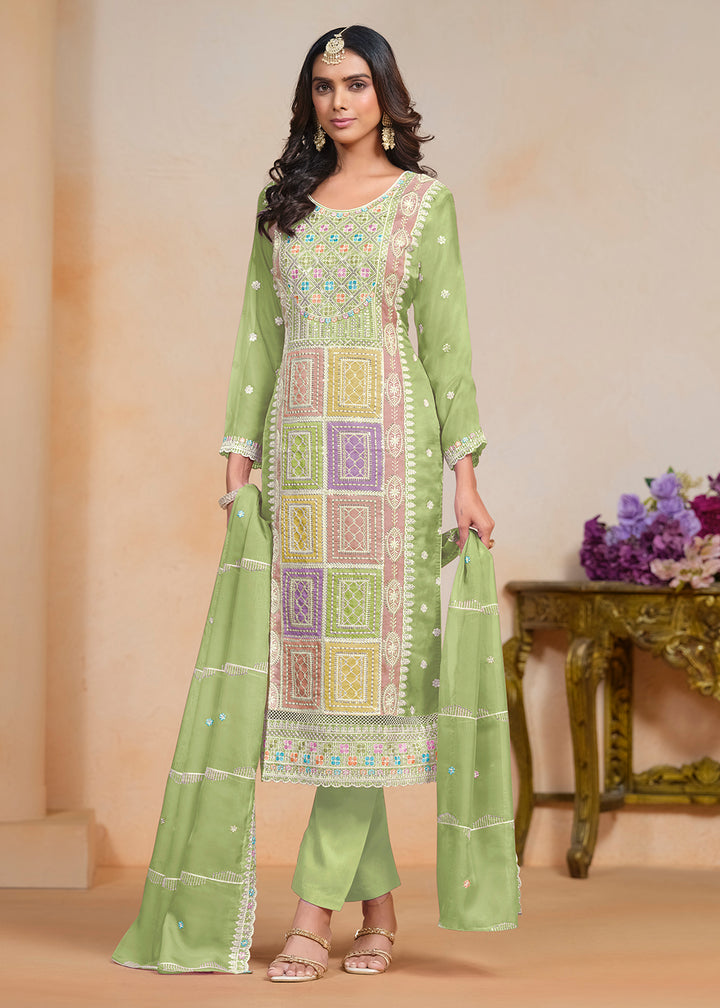 Buy Now Green Soft Organza Embroidered Festive Pant Style Suit Online in USA, UK, Canada, Germany & Worldwide at Empress Clothing.