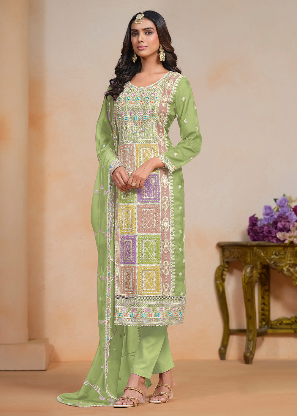 Buy Now Green Soft Organza Embroidered Festive Pant Style Suit Online in USA, UK, Canada, Germany & Worldwide at Empress Clothing.