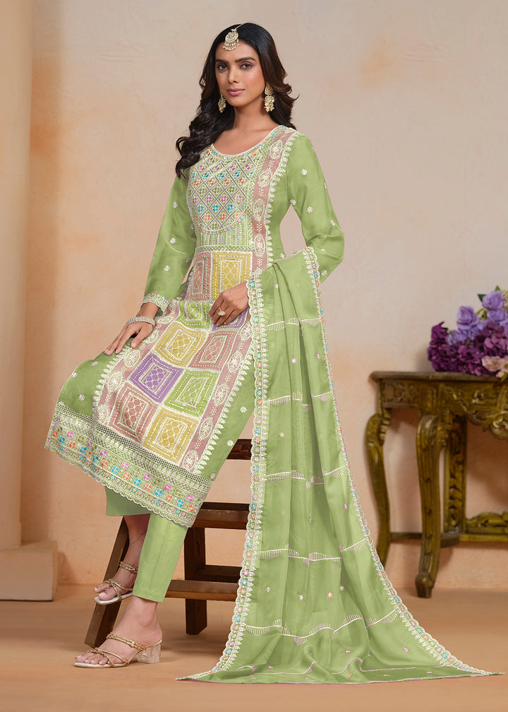 Buy Now Green Soft Organza Embroidered Festive Pant Style Suit Online in USA, UK, Canada, Germany & Worldwide at Empress Clothing.