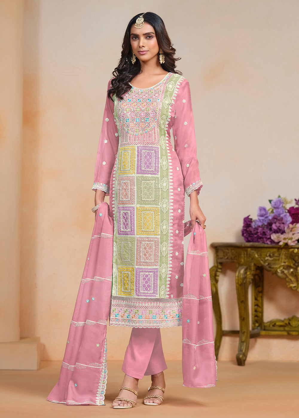 Buy Now Pink Soft Organza Embroidered Festive Pant Style Suit Online in USA, UK, Canada, Germany & Worldwide at Empress Clothing.