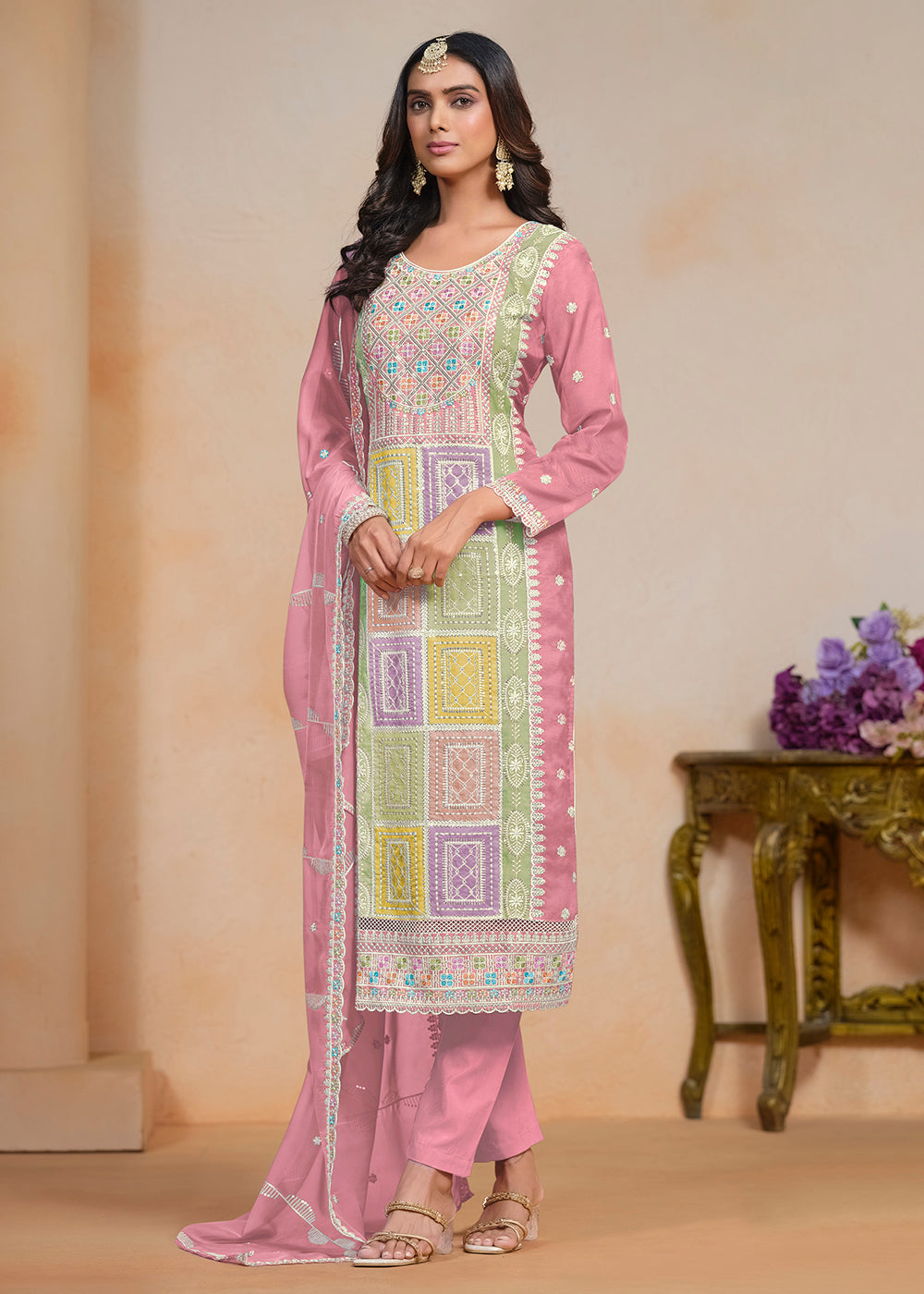 Buy Now Pink Soft Organza Embroidered Festive Pant Style Suit Online in USA, UK, Canada, Germany & Worldwide at Empress Clothing.