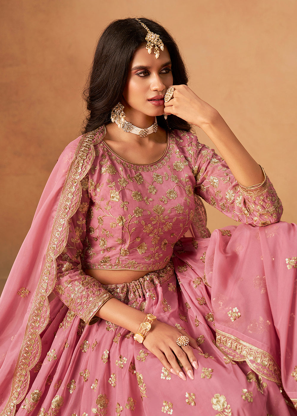 Buy Now A Line Style Pink Wedding Wear Lehenga Choli Online in US, UK, Canada, France, Italy, Germany, Austria, Singapore, UAE, Denmark & Worldwide at Empress.