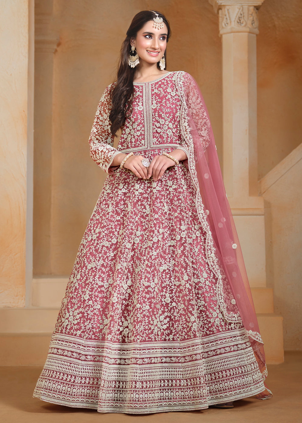 Buy Now Net Pink Embroidered Festive Style Anarkali Suit Online in USA, UK, Australia, Italy, Germany, Canada, UAE & Worldwide at Empress Clothing.