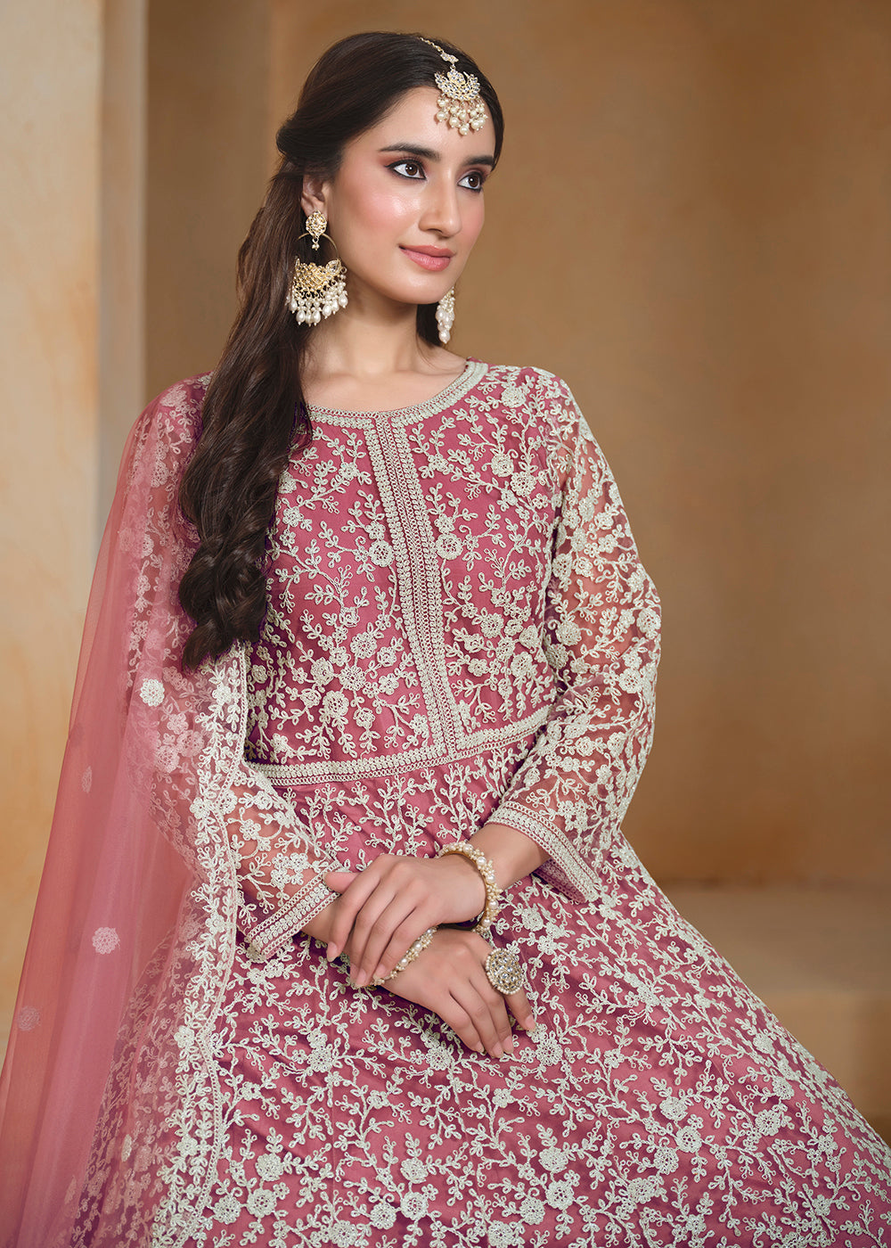 Buy Now Net Pink Embroidered Festive Style Anarkali Suit Online in USA, UK, Australia, Italy, Germany, Canada, UAE & Worldwide at Empress Clothing.