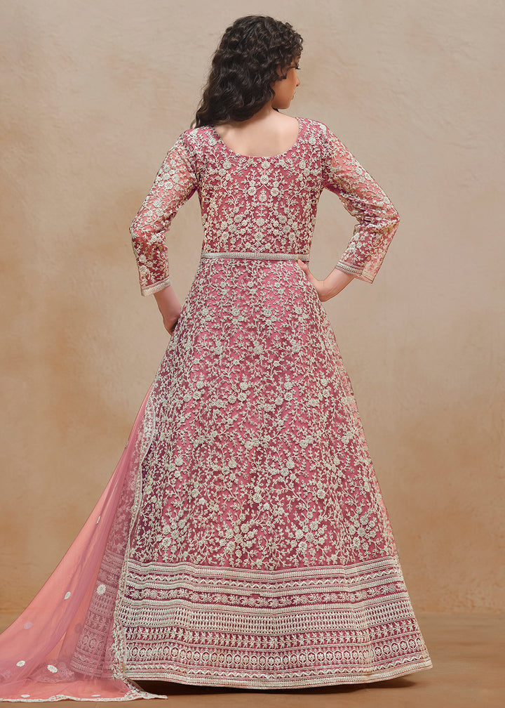 Buy Now Net Pink Embroidered Festive Style Anarkali Suit Online in USA, UK, Australia, Italy, Germany, Canada, UAE & Worldwide at Empress Clothing.