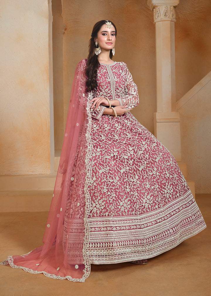 Buy Now Net Pink Embroidered Festive Style Anarkali Suit Online in USA, UK, Australia, Italy, Germany, Canada, UAE & Worldwide at Empress Clothing.