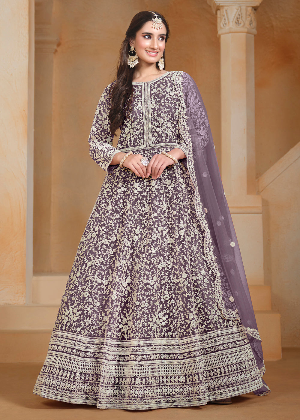 Buy Now Net Purple Embroidered Festive Style Anarkali Suit Online in USA, UK, Australia, Italy, Germany, Canada, UAE & Worldwide at Empress Clothing.