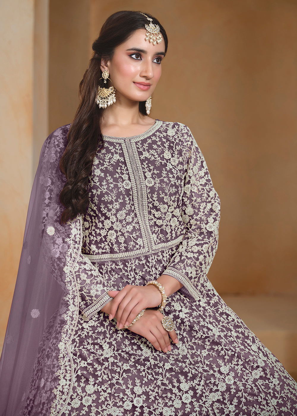 Buy Now Net Purple Embroidered Festive Style Anarkali Suit Online in USA, UK, Australia, Italy, Germany, Canada, UAE & Worldwide at Empress Clothing.