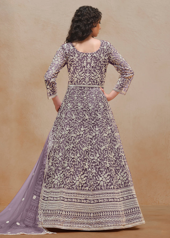 Buy Now Net Purple Embroidered Festive Style Anarkali Suit Online in USA, UK, Australia, Italy, Germany, Canada, UAE & Worldwide at Empress Clothing.