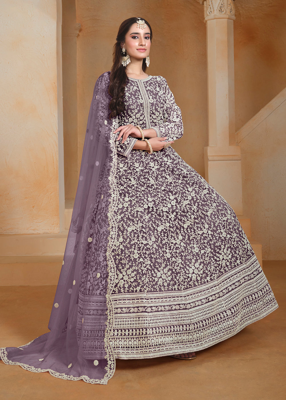 Buy Now Net Purple Embroidered Festive Style Anarkali Suit Online in USA, UK, Australia, Italy, Germany, Canada, UAE & Worldwide at Empress Clothing.