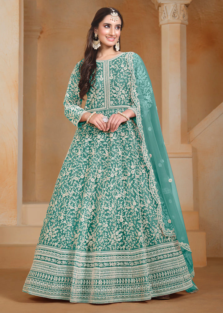 Buy Now Net Teal Green Embroidered Festive Style Anarkali Suit Online in USA, UK, Australia, Italy, Germany, Canada, UAE & Worldwide at Empress Clothing. 