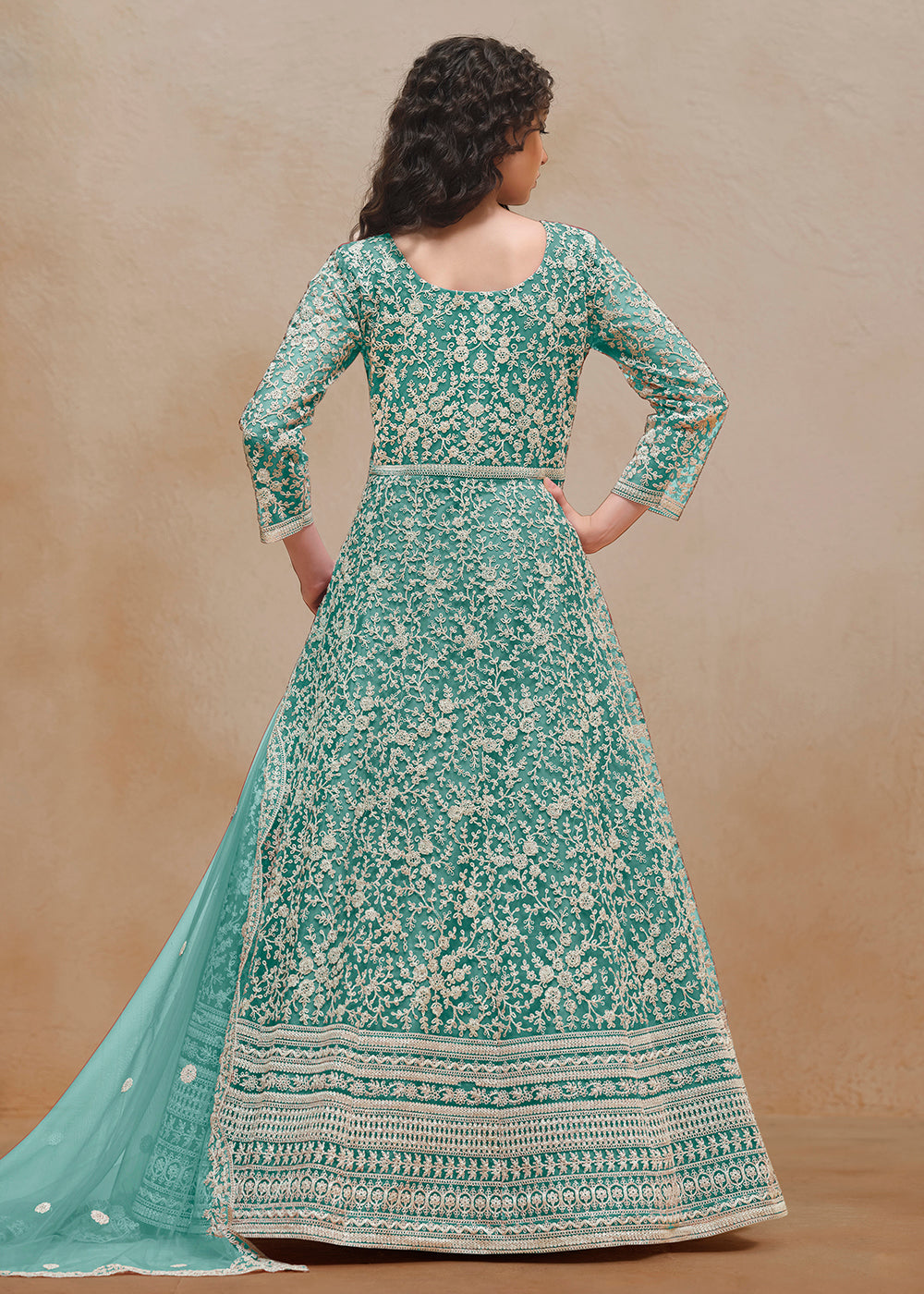 Buy Now Net Teal Green Embroidered Festive Style Anarkali Suit Online in USA, UK, Australia, Italy, Germany, Canada, UAE & Worldwide at Empress Clothing. 