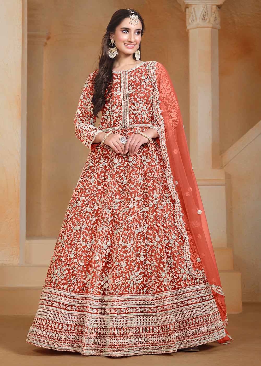 Buy Now Net Orange Embroidered Festive Style Anarkali Suit Online in USA, UK, Australia, Italy, Germany, Canada, UAE & Worldwide at Empress Clothing.