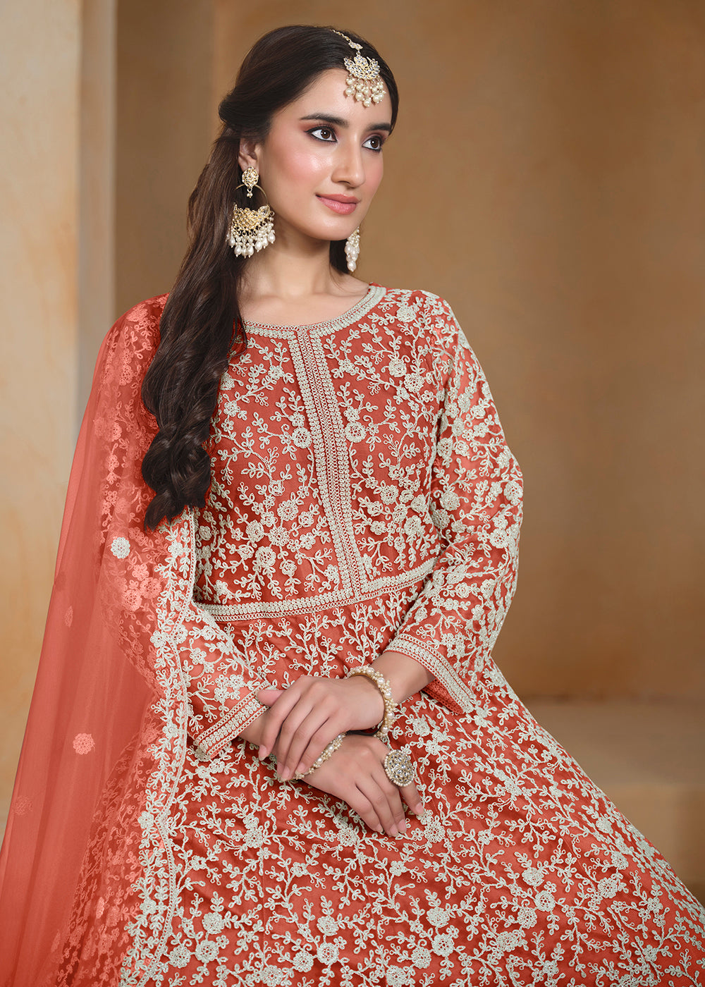 Buy Now Net Orange Embroidered Festive Style Anarkali Suit Online in USA, UK, Australia, Italy, Germany, Canada, UAE & Worldwide at Empress Clothing.