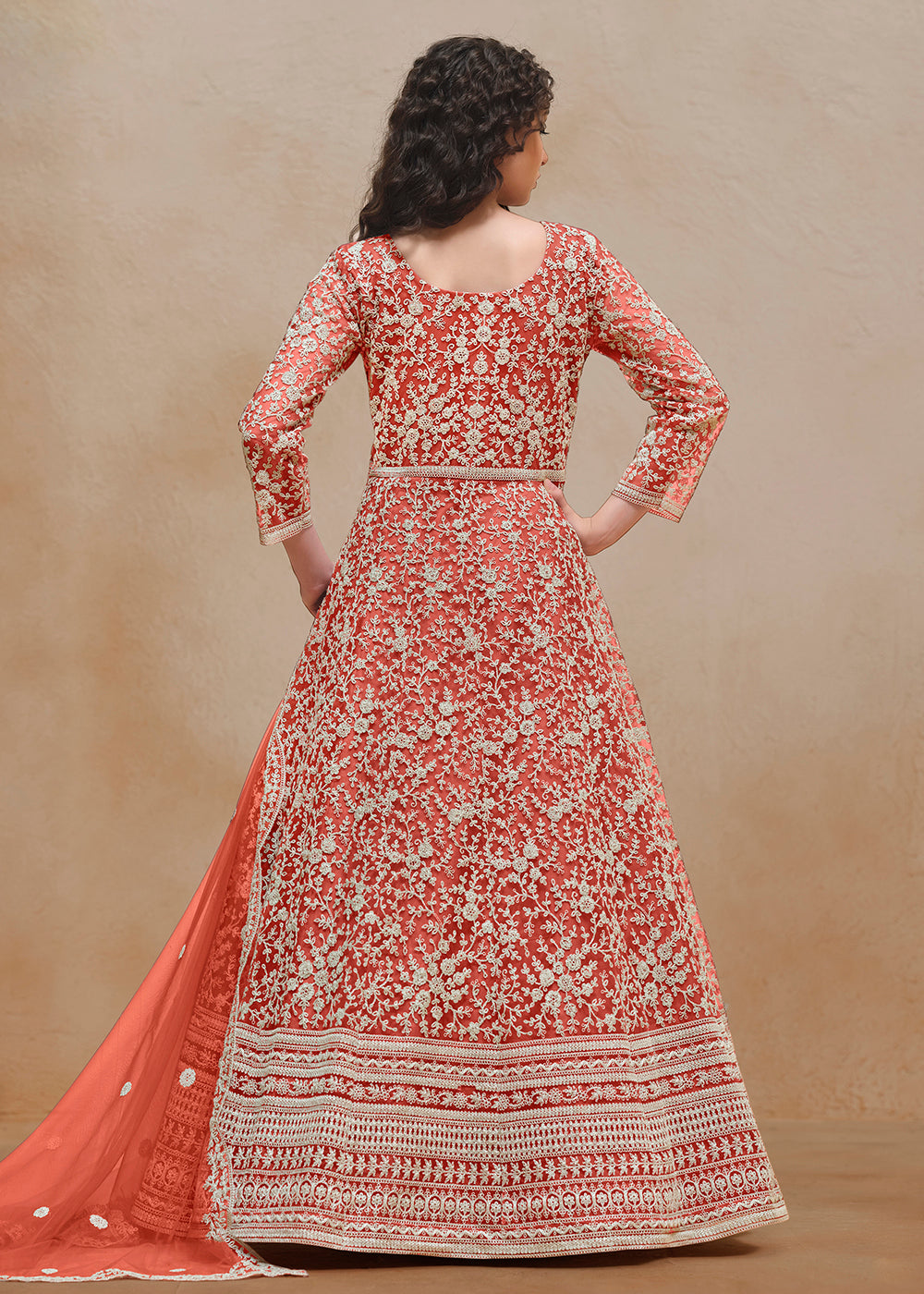 Buy Now Net Orange Embroidered Festive Style Anarkali Suit Online in USA, UK, Australia, Italy, Germany, Canada, UAE & Worldwide at Empress Clothing.