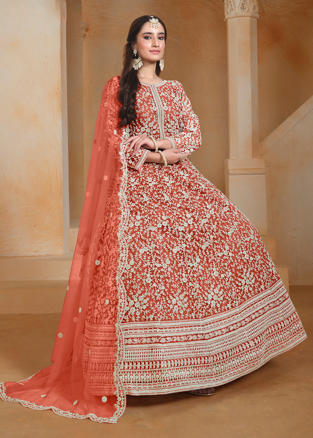 Buy Now Net Orange Embroidered Festive Style Anarkali Suit Online in USA, UK, Australia, Italy, Germany, Canada, UAE & Worldwide at Empress Clothing.