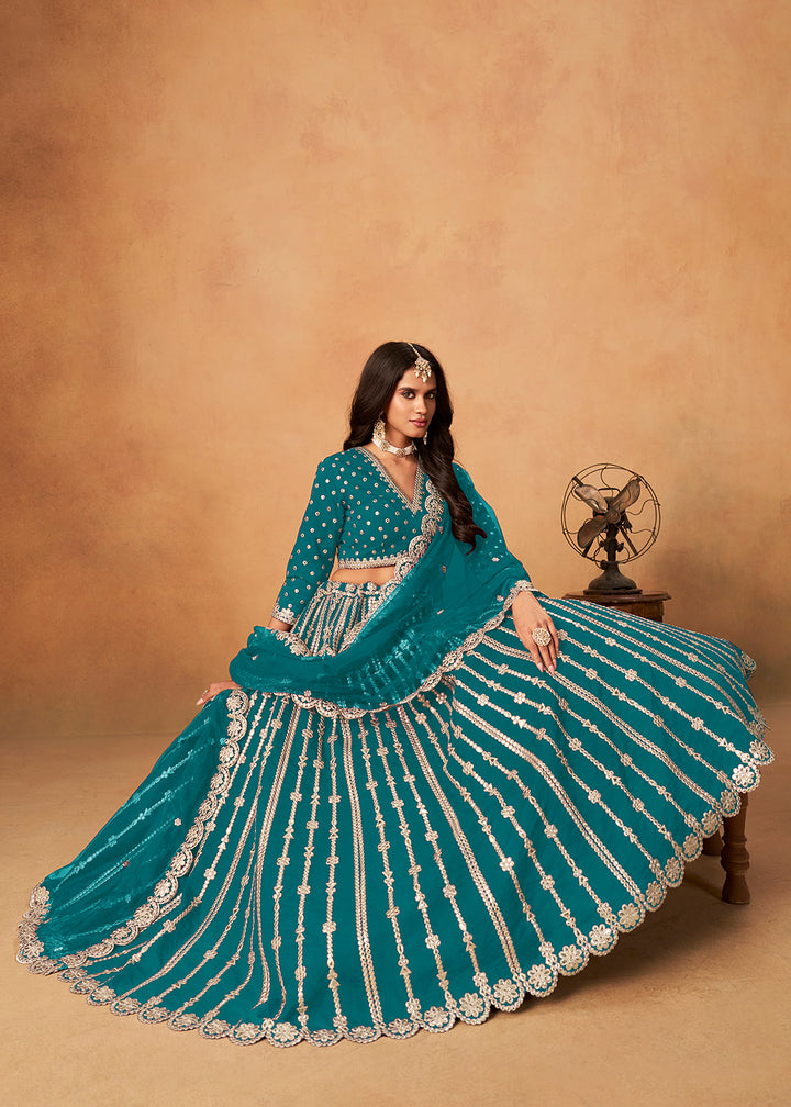 Buy Now Wedding Festive Rama Embroidered Lehenga Choli Online in US, UK, Canada, France, Italy, Germany, Austria, Singapore, Denmark & Worldwide at Empress.