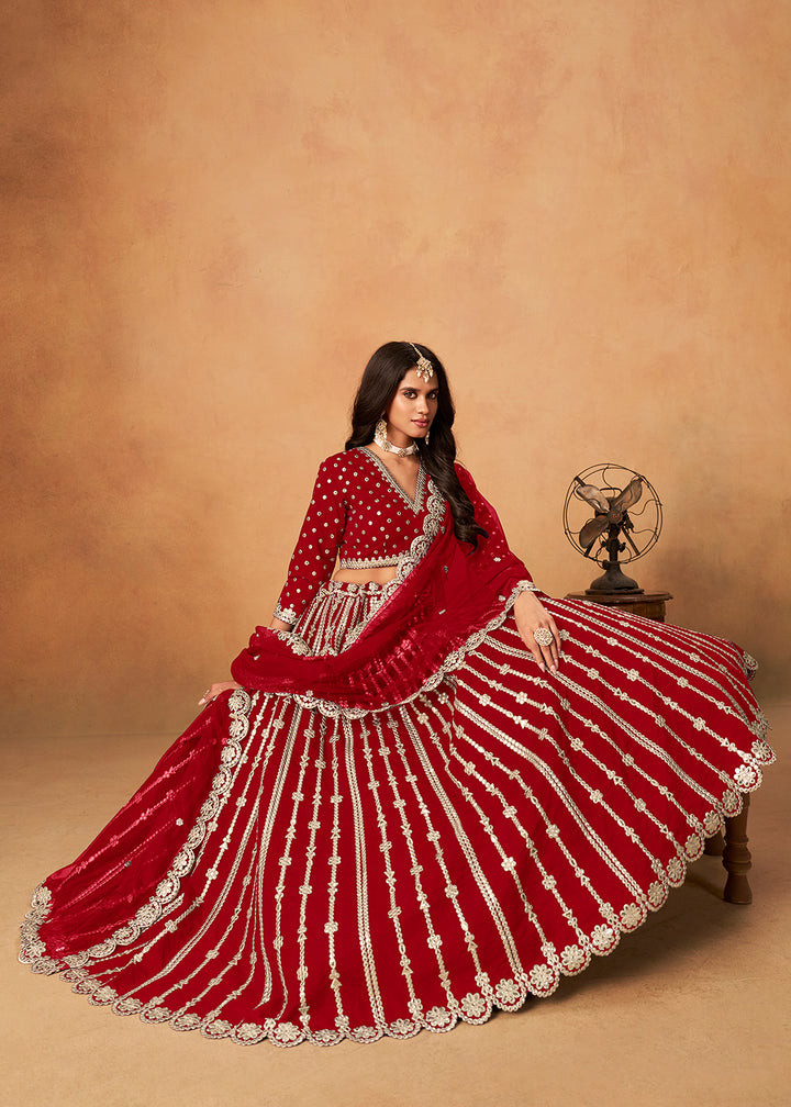 Buy Now Wedding Festive Red Embroidered Lehenga Choli Online in US, UK, Canada, France, Italy, Germany, Austria, Singapore, Denmark & Worldwide at Empress.