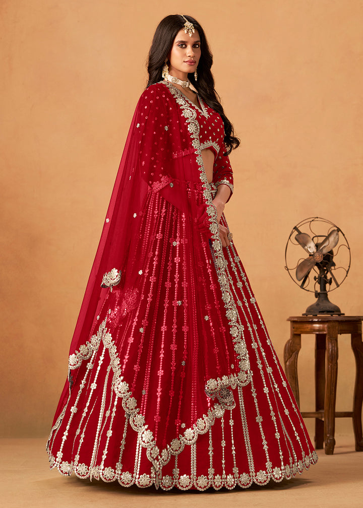 Buy Now Wedding Festive Red Embroidered Lehenga Choli Online in US, UK, Canada, France, Italy, Germany, Austria, Singapore, Denmark & Worldwide at Empress.