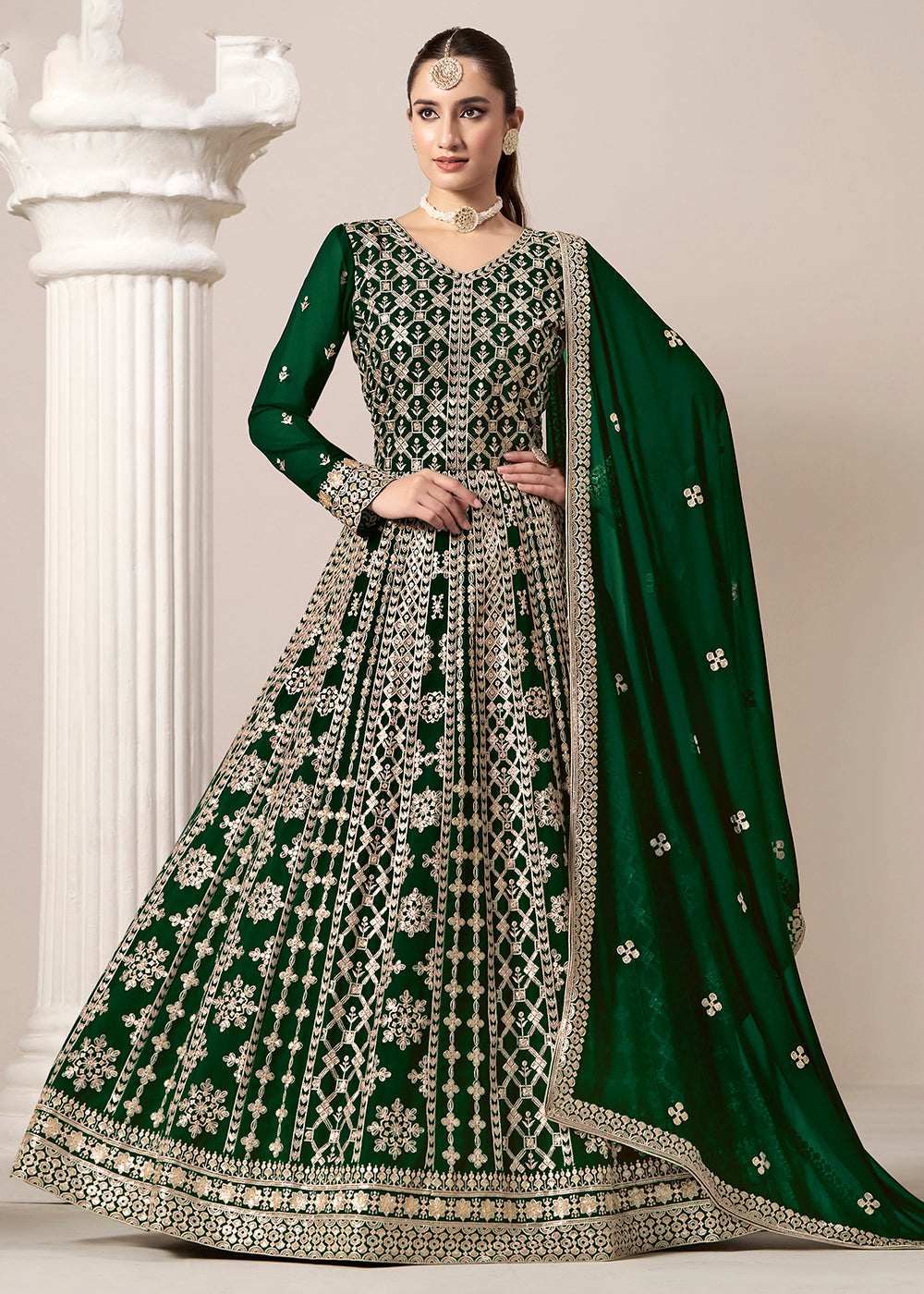 Buy Now Green All Over Embroidered Georgette Designer Anarkali Gown Online in USA, UK, Australia, Italy, Germany, Canada, UAE & Worldwide at Empress Clothing.