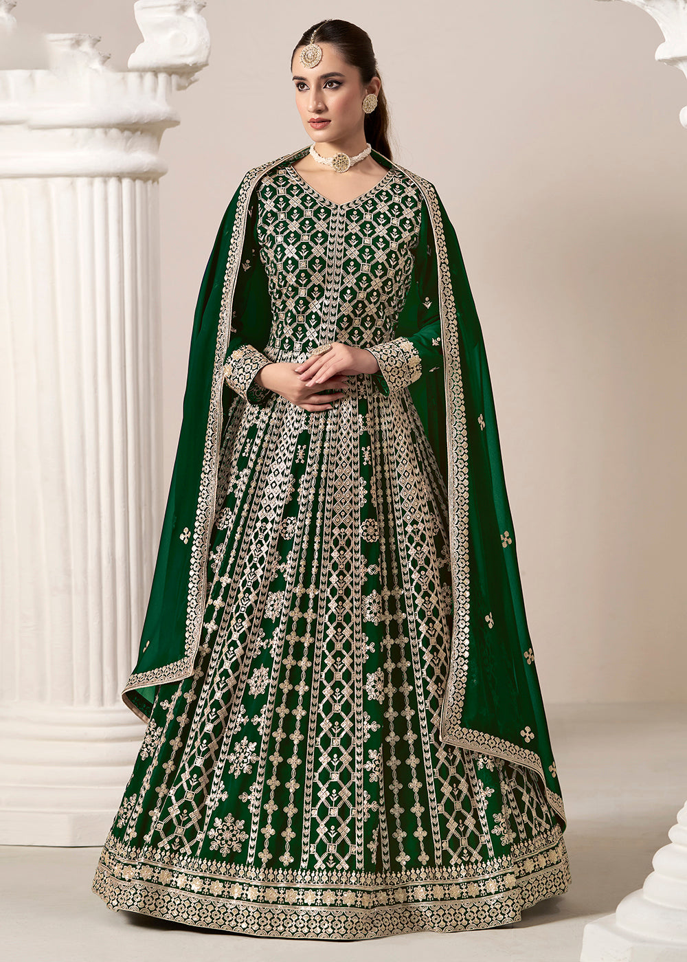 Buy Now Green All Over Embroidered Georgette Designer Anarkali Gown Online in USA, UK, Australia, Italy, Germany, Canada, UAE & Worldwide at Empress Clothing.