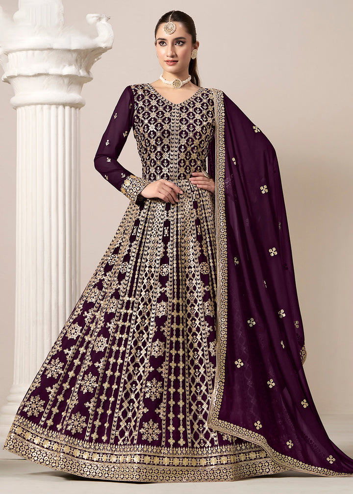 Buy Now Purple All Over Embroidered Georgette Designer Anarkali Gown Online in USA, UK, Australia, Italy, Germany, Canada, UAE & Worldwide at Empress Clothing.