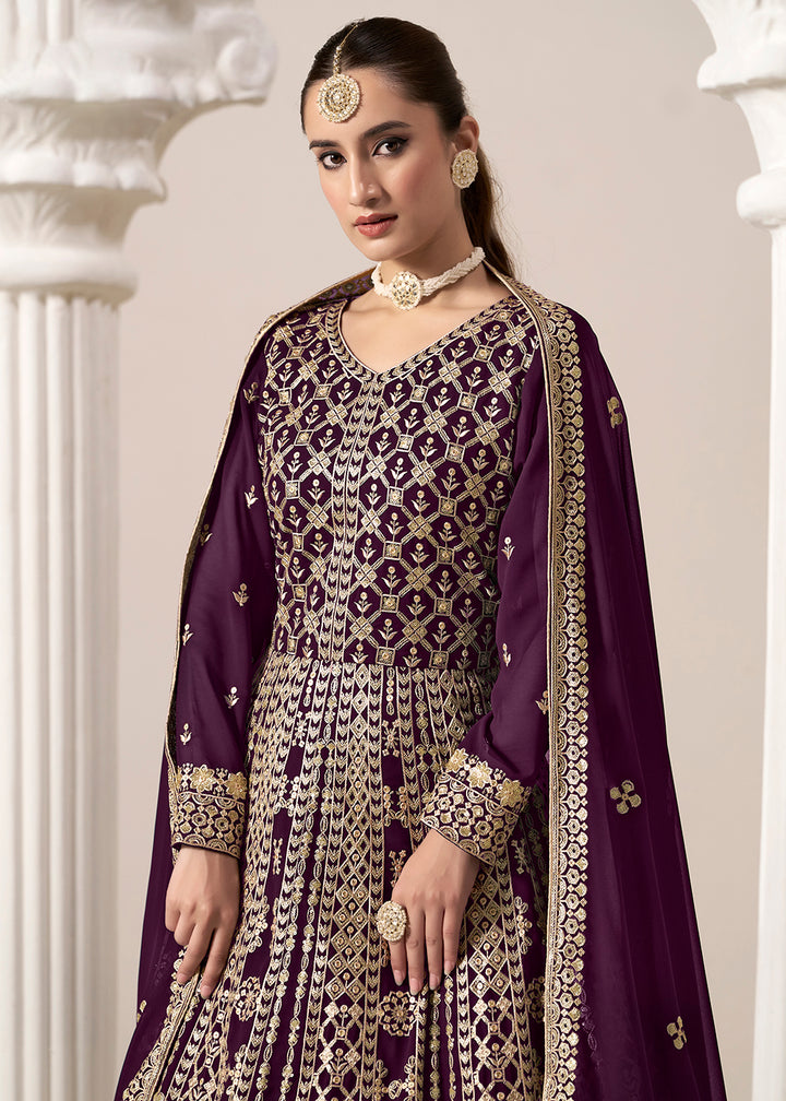 Buy Now Purple All Over Embroidered Georgette Designer Anarkali Gown Online in USA, UK, Australia, Italy, Germany, Canada, UAE & Worldwide at Empress Clothing.