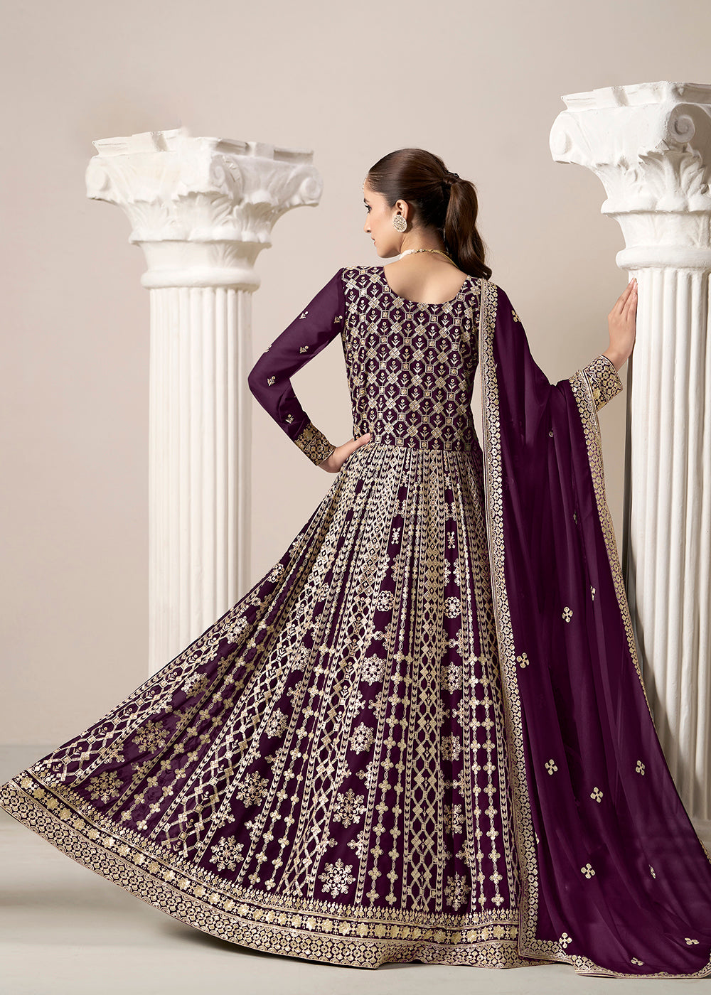 Buy Now Purple All Over Embroidered Georgette Designer Anarkali Gown Online in USA, UK, Australia, Italy, Germany, Canada, UAE & Worldwide at Empress Clothing.