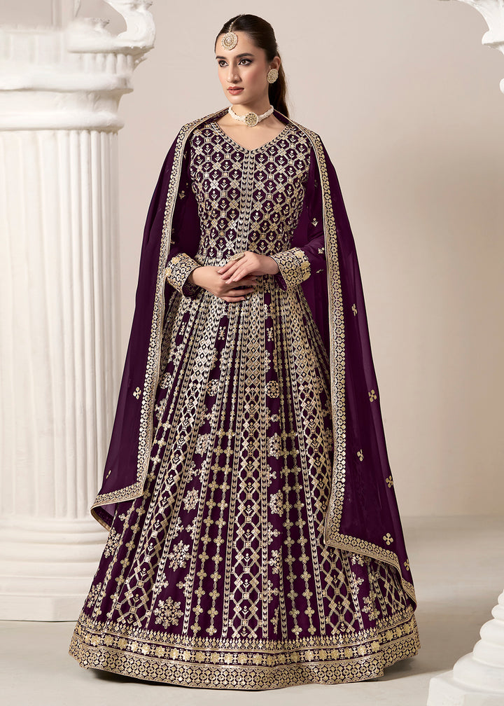 Buy Now Purple All Over Embroidered Georgette Designer Anarkali Gown Online in USA, UK, Australia, Italy, Germany, Canada, UAE & Worldwide at Empress Clothing.