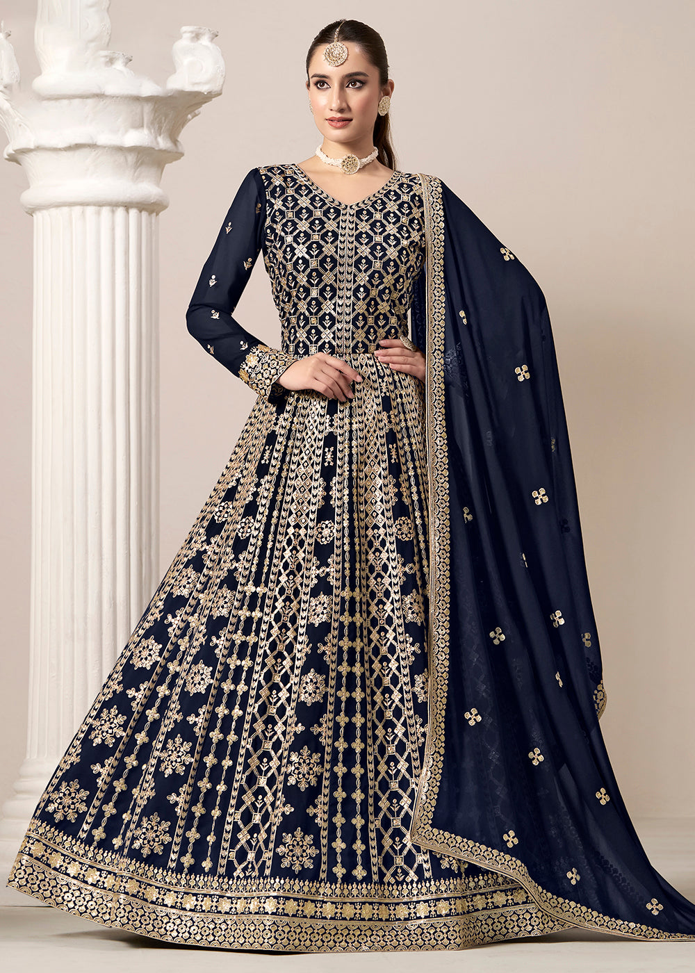 Buy Now Blue All Over Embroidered Georgette Designer Anarkali Gown Online in USA, UK, Australia, Italy, Germany, Canada, UAE & Worldwide at Empress Clothing.