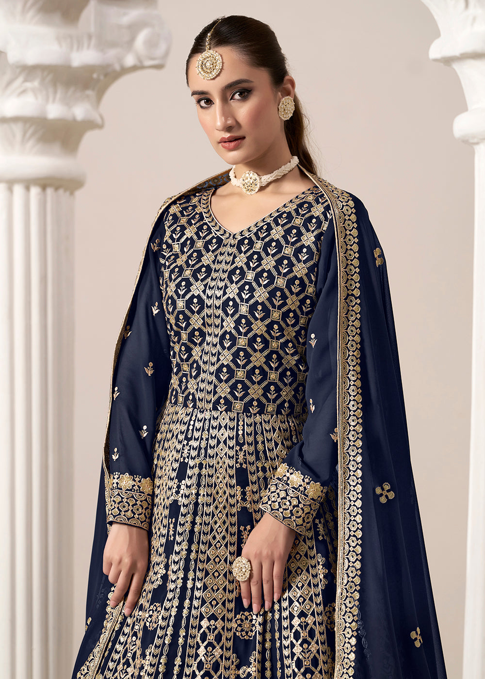 Buy Now Blue All Over Embroidered Georgette Designer Anarkali Gown Online in USA, UK, Australia, Italy, Germany, Canada, UAE & Worldwide at Empress Clothing.