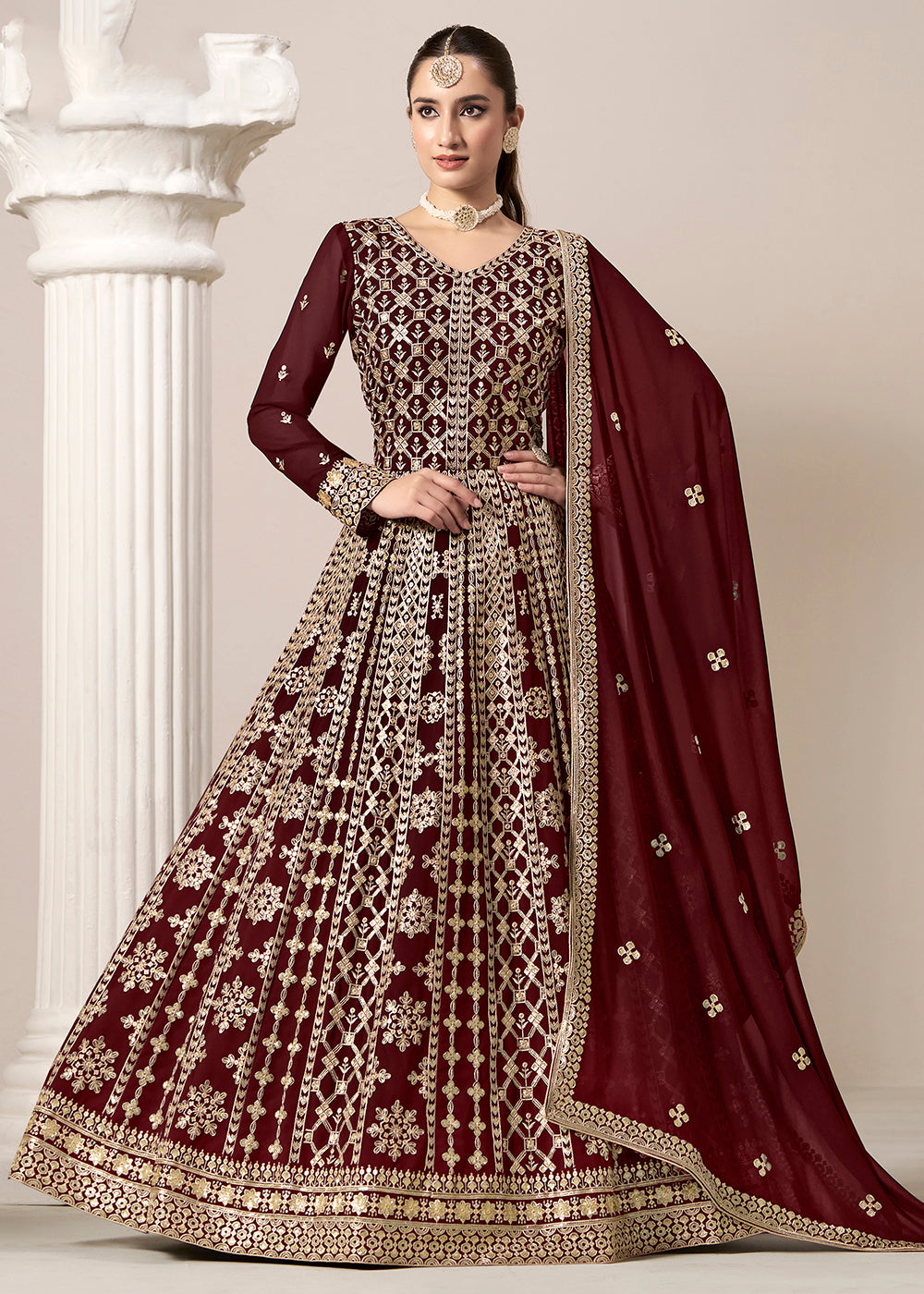 Buy Now Maroon  All Over Embroidered Georgette Designer Anarkali Gown Online in USA, UK, Australia, Italy, Germany, Canada, UAE & Worldwide at Empress Clothing.