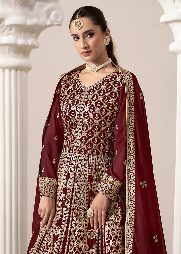 Buy Now Maroon  All Over Embroidered Georgette Designer Anarkali Gown Online in USA, UK, Australia, Italy, Germany, Canada, UAE & Worldwide at Empress Clothing.