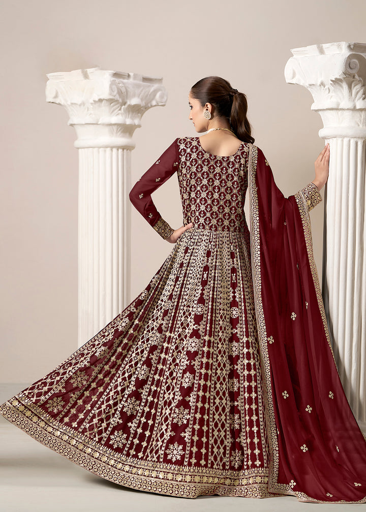 Buy Now Maroon  All Over Embroidered Georgette Designer Anarkali Gown Online in USA, UK, Australia, Italy, Germany, Canada, UAE & Worldwide at Empress Clothing.