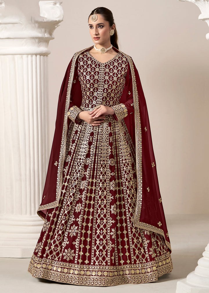 Buy Now Maroon  All Over Embroidered Georgette Designer Anarkali Gown Online in USA, UK, Australia, Italy, Germany, Canada, UAE & Worldwide at Empress Clothing.